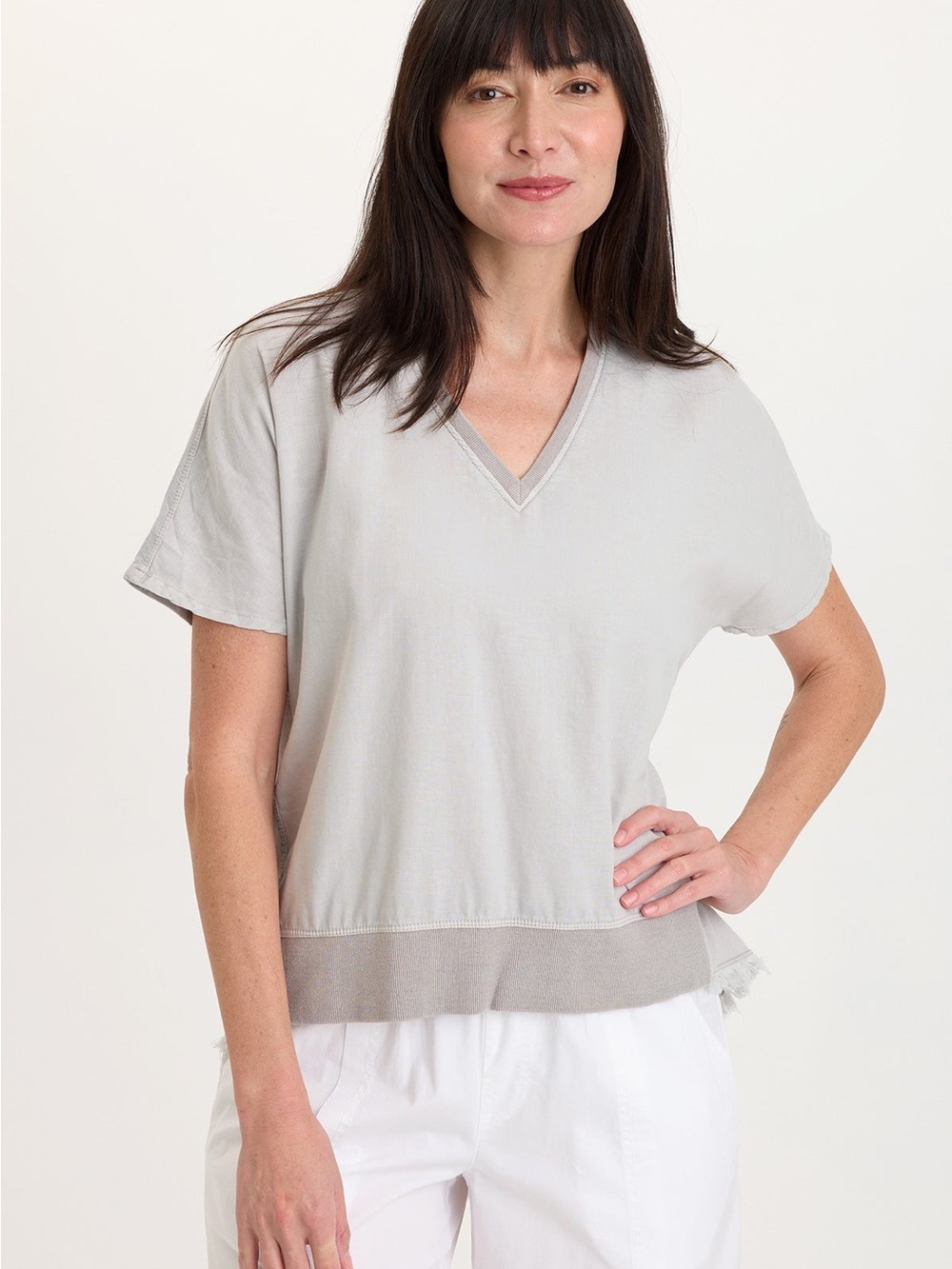 XCVI Clara Pale Lilac V-Neck Linen Cotton Short Sleeve Top - Picture 1 of 5